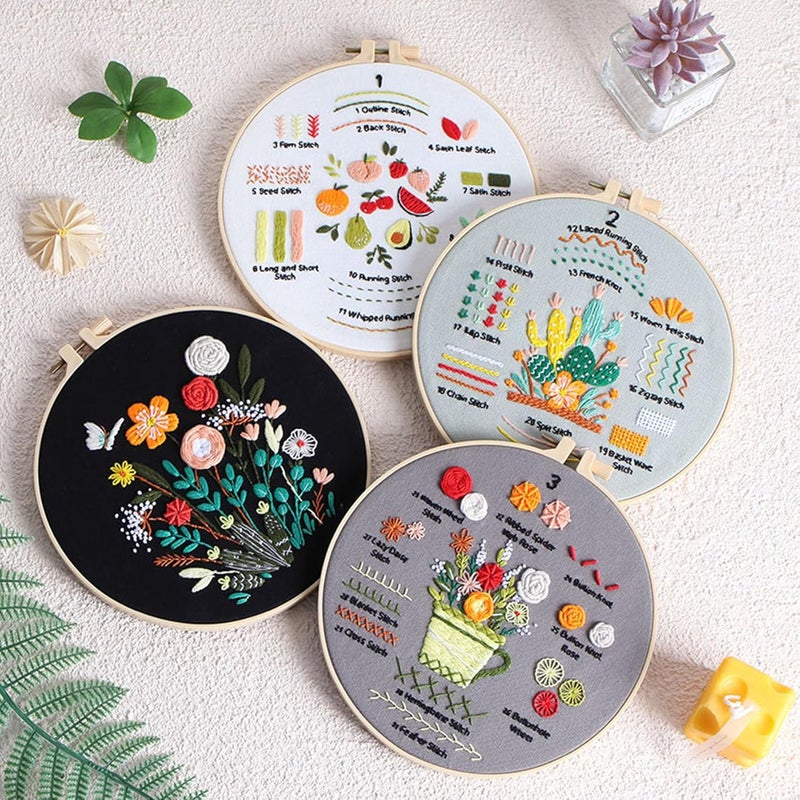 Ohcol Embroidery Kit for Beginners, 4 Floral Patterns, Learn 33 Stitches, Pre-Printed Fabric, Hoop, Colored Threads and Needles, Easy Video Guide, DIY Hand Sewing Gift for Adults and Teens - Image 3